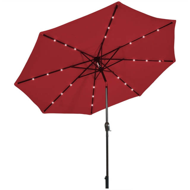 10FT Solar LED Patio Umbrella, Outdoor Steel Market Umbrella with 24 Lights, Crank & Tilt Adjustment for Backyard, Poolside, Garden