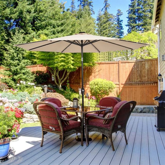 10FT Solar LED Patio Umbrella, Outdoor Steel Market Umbrella with 24 Lights, Crank & Tilt Adjustment for Backyard, Poolside, Garden