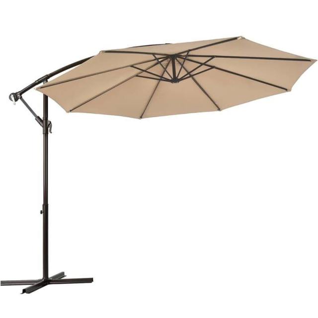 10FT Cantilever Umbrella Offset Hanging Patio Umbrella 8 Steel Ribs Outdoor Market Umbrella with Cross Base, Crank & Tilt Adjustment