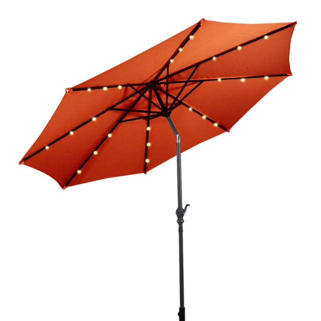 10FT Solar LED Patio Umbrella, Outdoor Steel Market Umbrella with 24 Lights, Crank & Tilt Adjustment for Backyard, Poolside, Garden