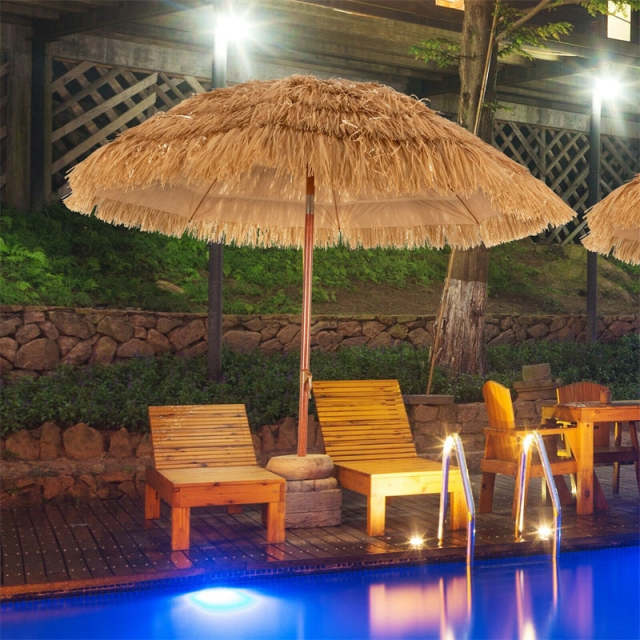 6.5FT Thatched Tiki Patio Umbrella, Hawaiian Style Outdoor PE Grass Umbrella with 8-Rib Tilt Mechanism for Beach, Garden, Poolside, Tropical Oasis