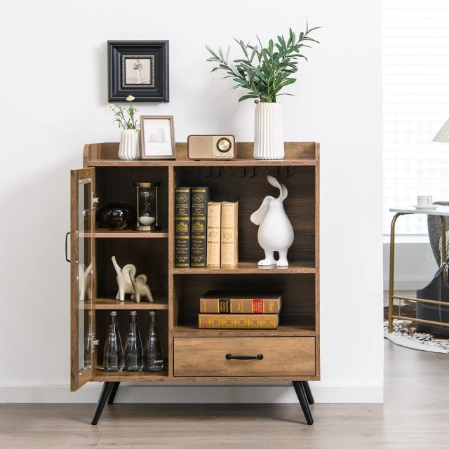 Wine Storage Cabinet with 3 Row Wineglass Holder for Dining Room & Living Room