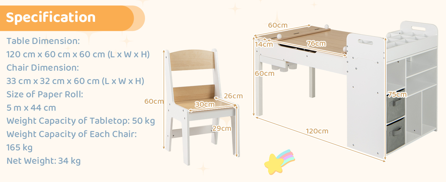 Kids Art Craft Table and Chairs Set with Paper Roll Flip-up Tabletop