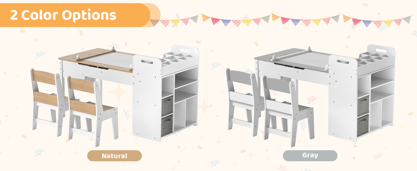 Kids Art Craft Table and Chairs Set with Paper Roll Flip-up Tabletop