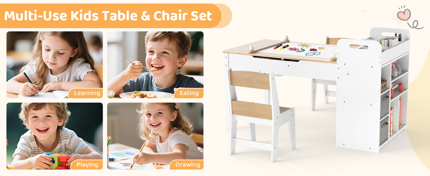 Kids Art Craft Table and Chairs Set with Paper Roll Flip-up Tabletop