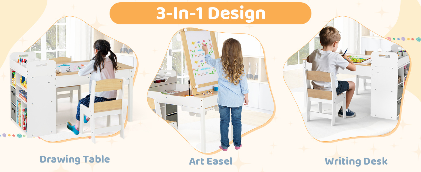 Kids Art Craft Table and Chairs Set with Paper Roll Flip-up Tabletop