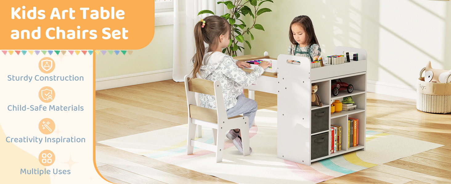Kids Art Craft Table and Chairs Set with Paper Roll Flip-up Tabletop