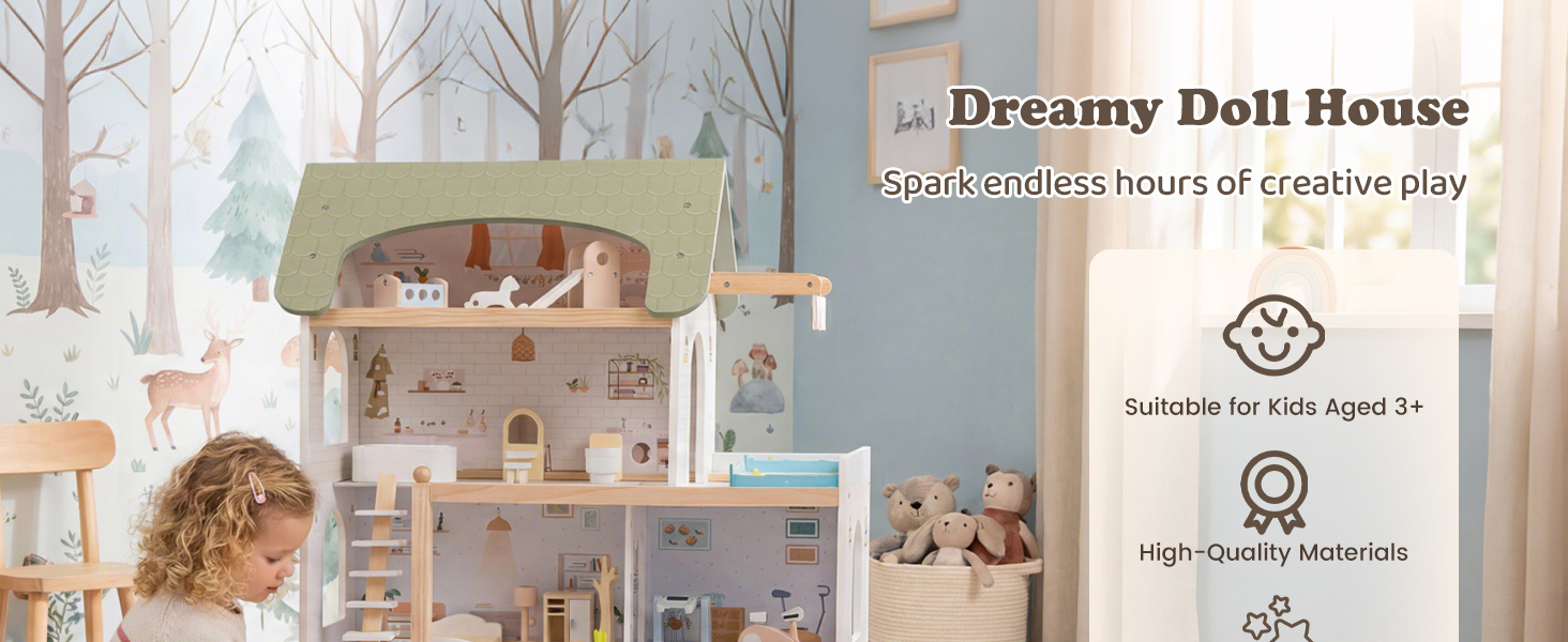 Wooden Dollhouse with 33 PCS Furniture Accessories for Girls and Boys