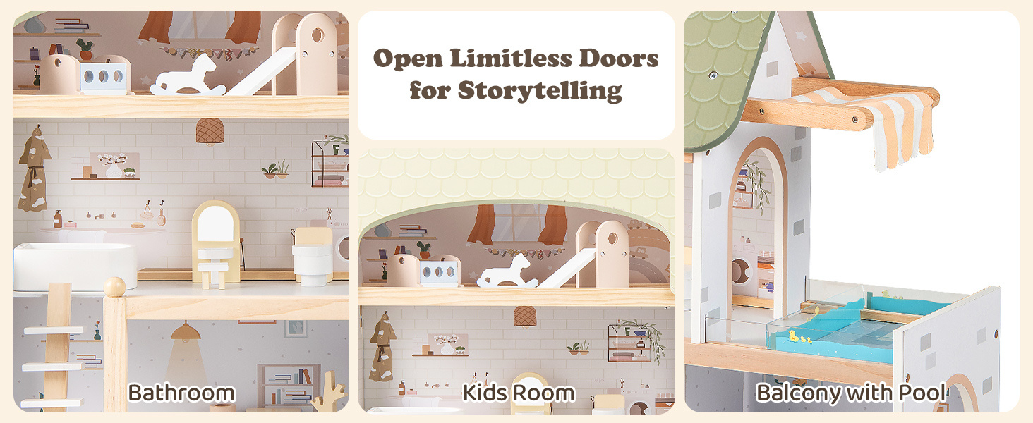 Wooden Dollhouse with 33 PCS Furniture Accessories for Girls and Boys