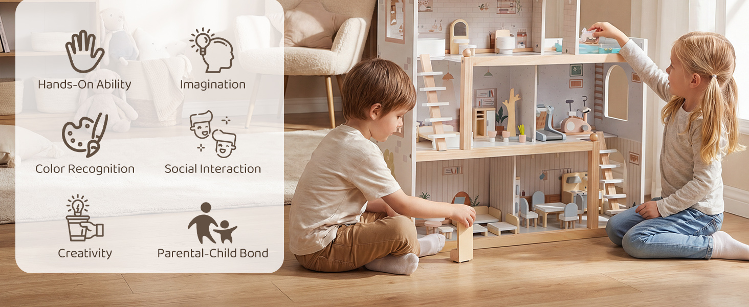 Wooden Dollhouse with 33 PCS Furniture Accessories for Girls and Boys