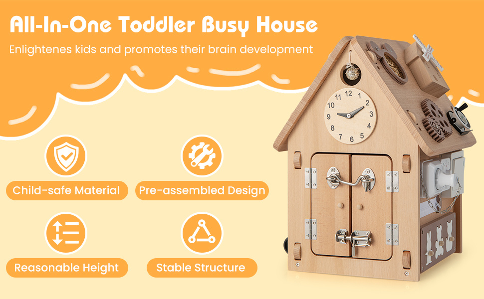 Wooden Busy House Toddler Learning Toy with Interior Space