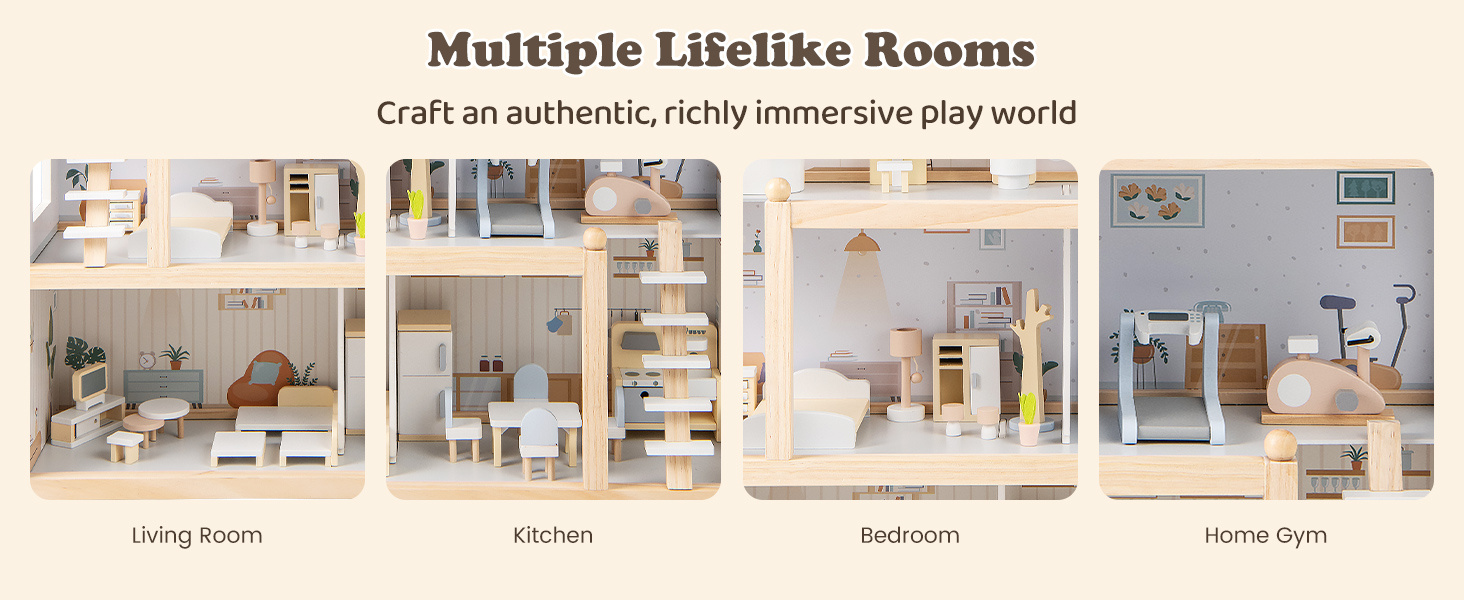 Wooden Dollhouse with 33 PCS Furniture Accessories for Girls and Boys