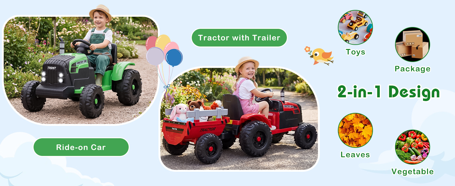 24V Ride On Tractor with Detachable Trailer for Kids