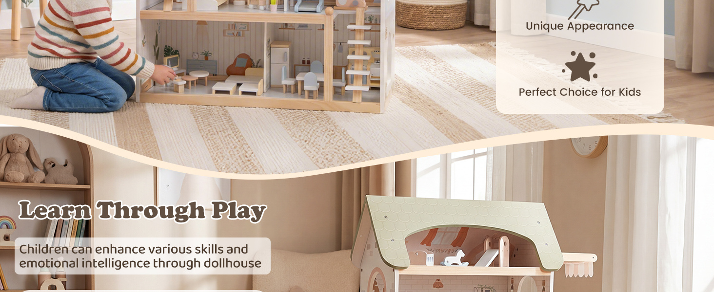 Wooden Dollhouse with 33 PCS Furniture Accessories for Girls and Boys