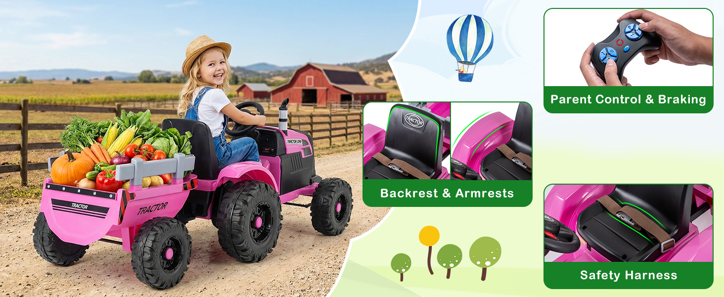 24V Ride On Tractor with Detachable Trailer for Kids