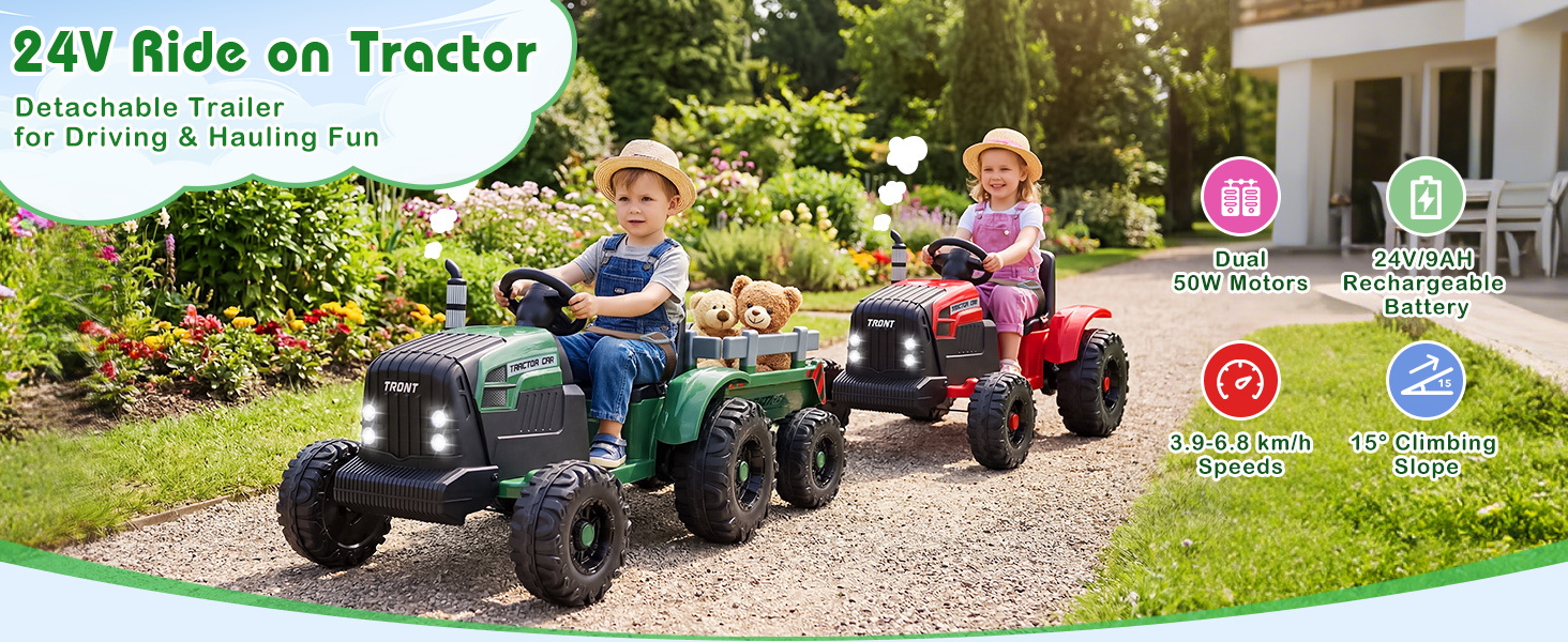 24V Ride On Tractor with Detachable Trailer for Kids