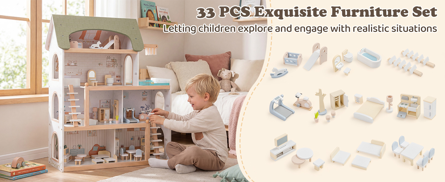 Wooden Dollhouse with 33 PCS Furniture Accessories for Girls and Boys