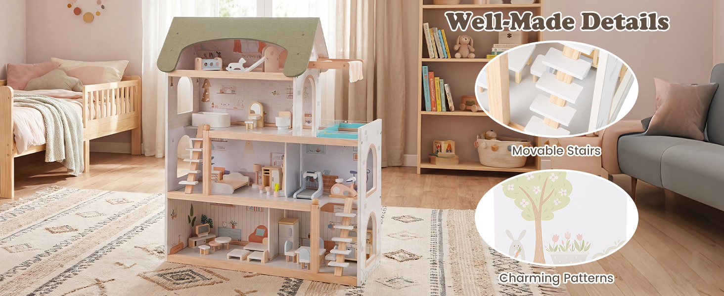 Wooden Dollhouse with 33 PCS Furniture Accessories for Girls and Boys