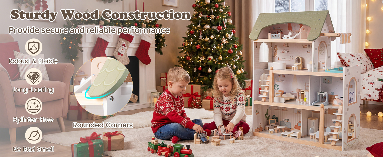 Wooden Dollhouse with 33 PCS Furniture Accessories for Girls and Boys