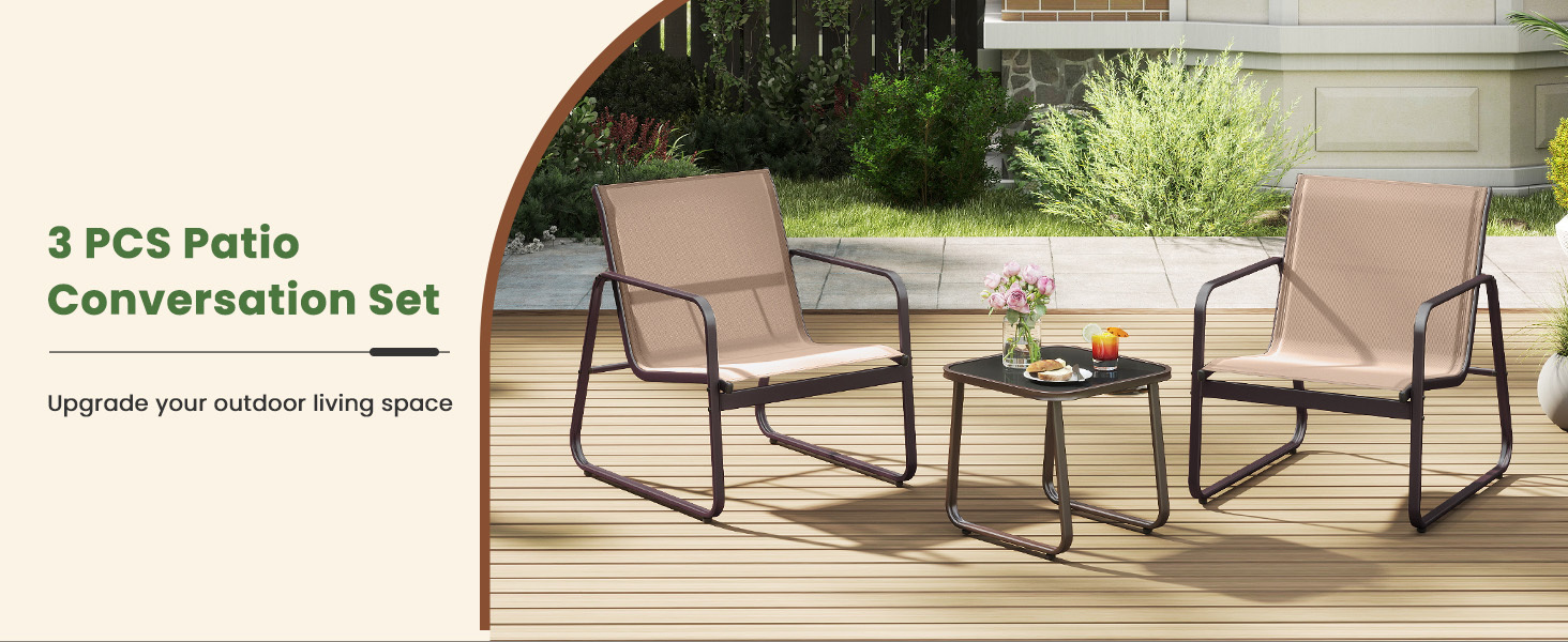 3 Pieces Patio Conversation Set with Breathable Fabric and Tempered Glass Tabletop