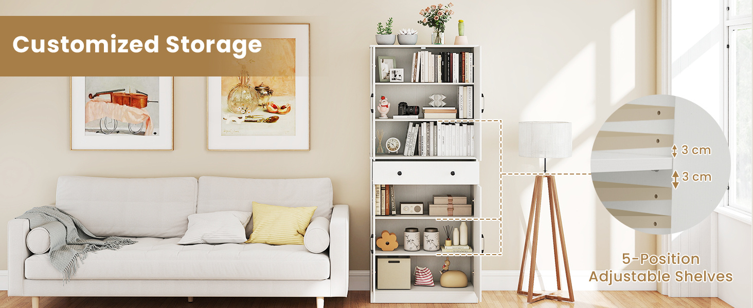 183cm Tall Kitchen Pantry with 4 Barn Doors and 3 Adjustable Shelves