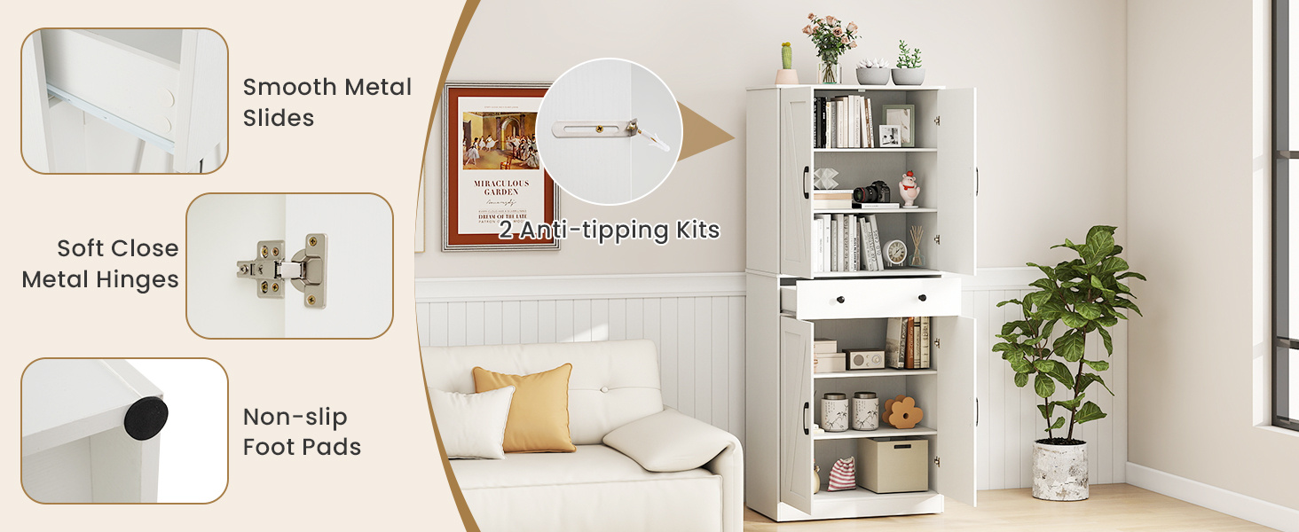 183cm Tall Kitchen Pantry with 4 Barn Doors and 3 Adjustable Shelves