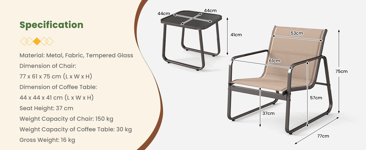 3 Pieces Patio Conversation Set with Breathable Fabric and Tempered Glass Tabletop
