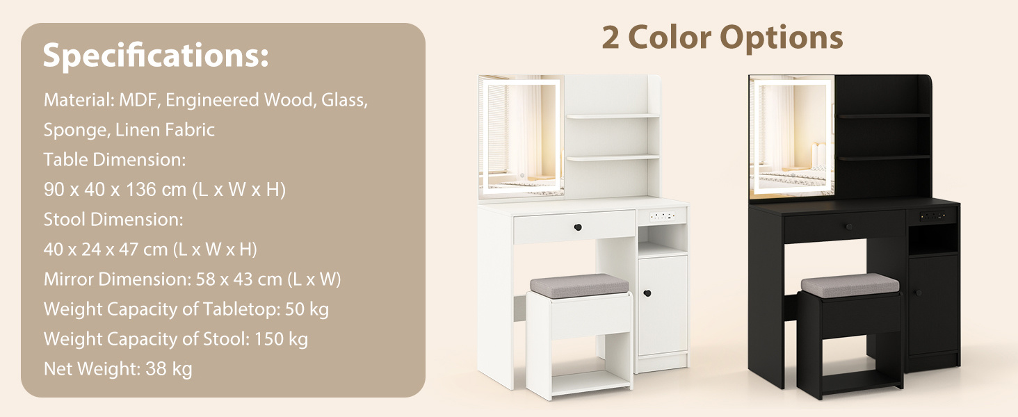 Vanity Desk with Mirror and Lights Dressing Table with Charging Station