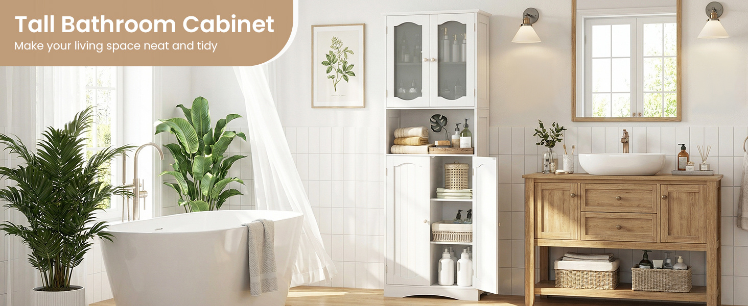  Tempered Glass Door Pantry Cabinet with 3-Position Adjustable Shelves
