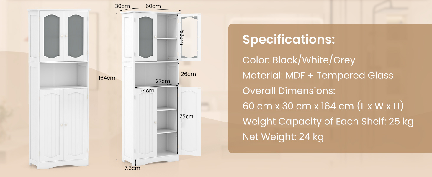  Tempered Glass Door Pantry Cabinet with 3-Position Adjustable Shelves