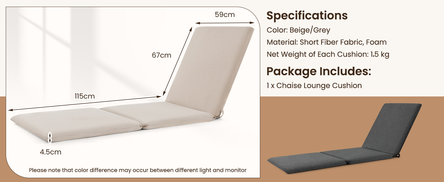 Folding Outdoor Chaise Lounge Cushion Patio Furniture Pad with Straps