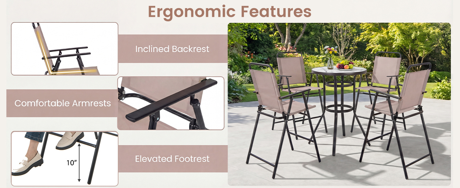 Set of 2 patio folding bar-height chairs with armrests, breathable mesh fabric, ideal for outdoor relaxation.