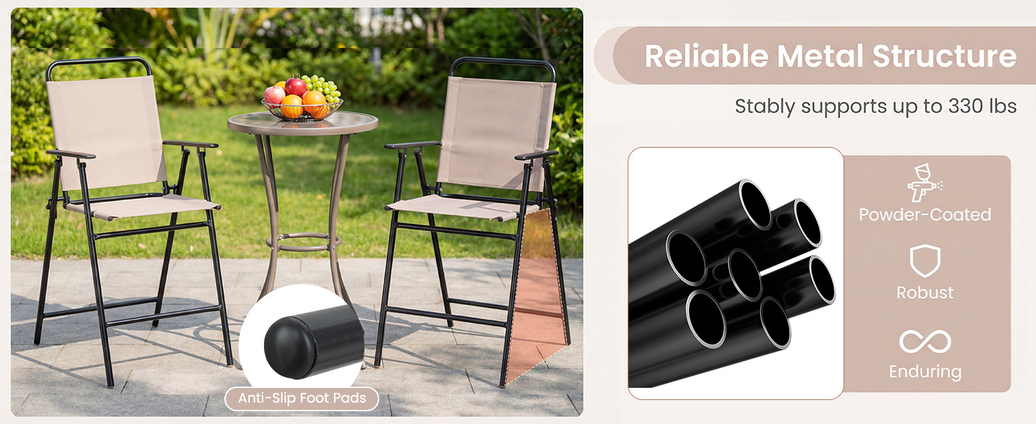 Set of 2 patio folding bar-height chairs with armrests, powder-coated metal, for outdoor relaxation and easy storage.