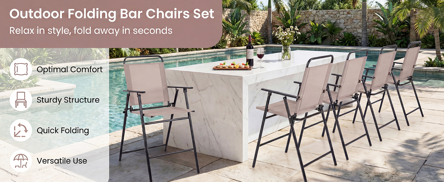 Set of 2 patio folding bar-height chairs with armrests, featuring breathable mesh and sturdy powder-coated metal, ideal.