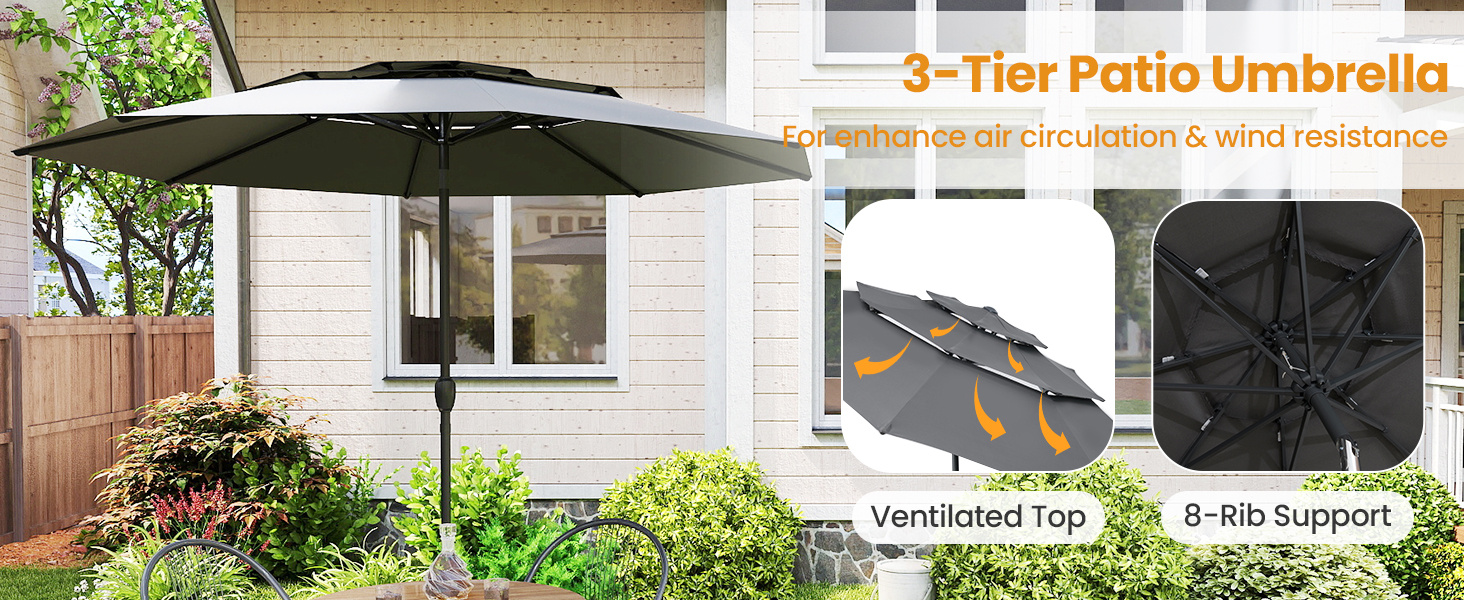 295 cm 3-tier Vented Patio Large Market Table Umbrella with Push Button Tilt