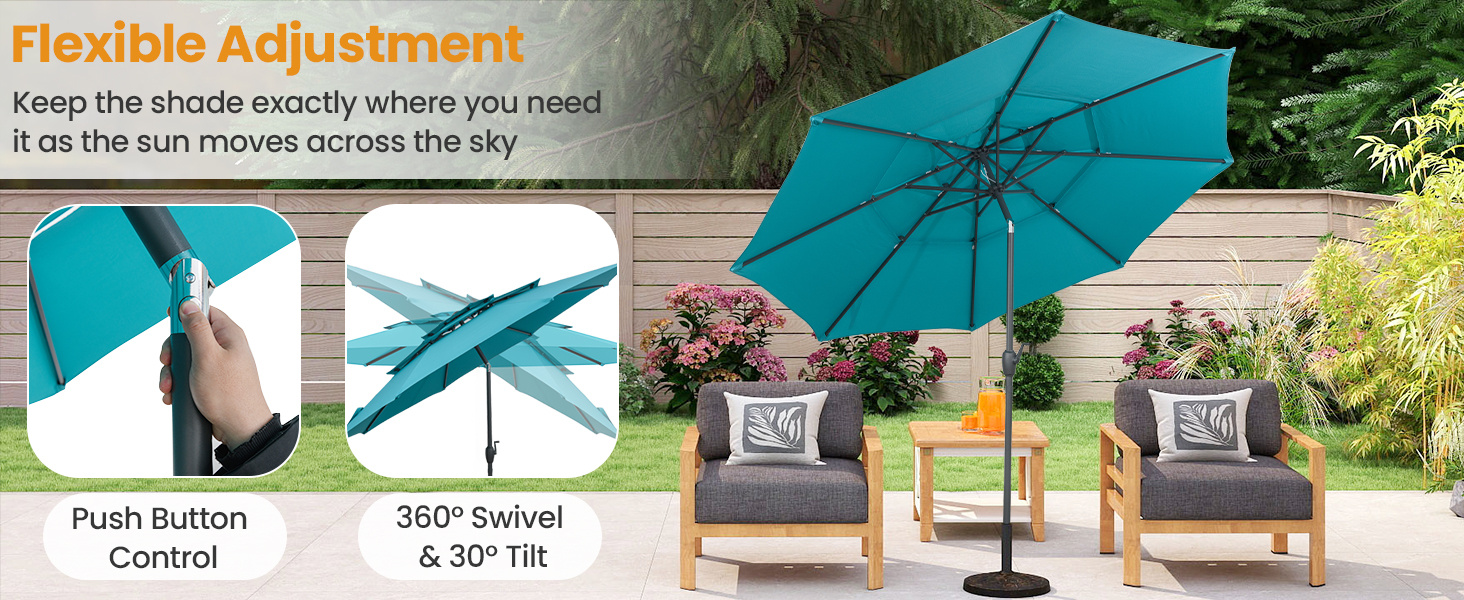 295 cm 3-tier Vented Patio Large Market Table Umbrella with Push Button Tilt