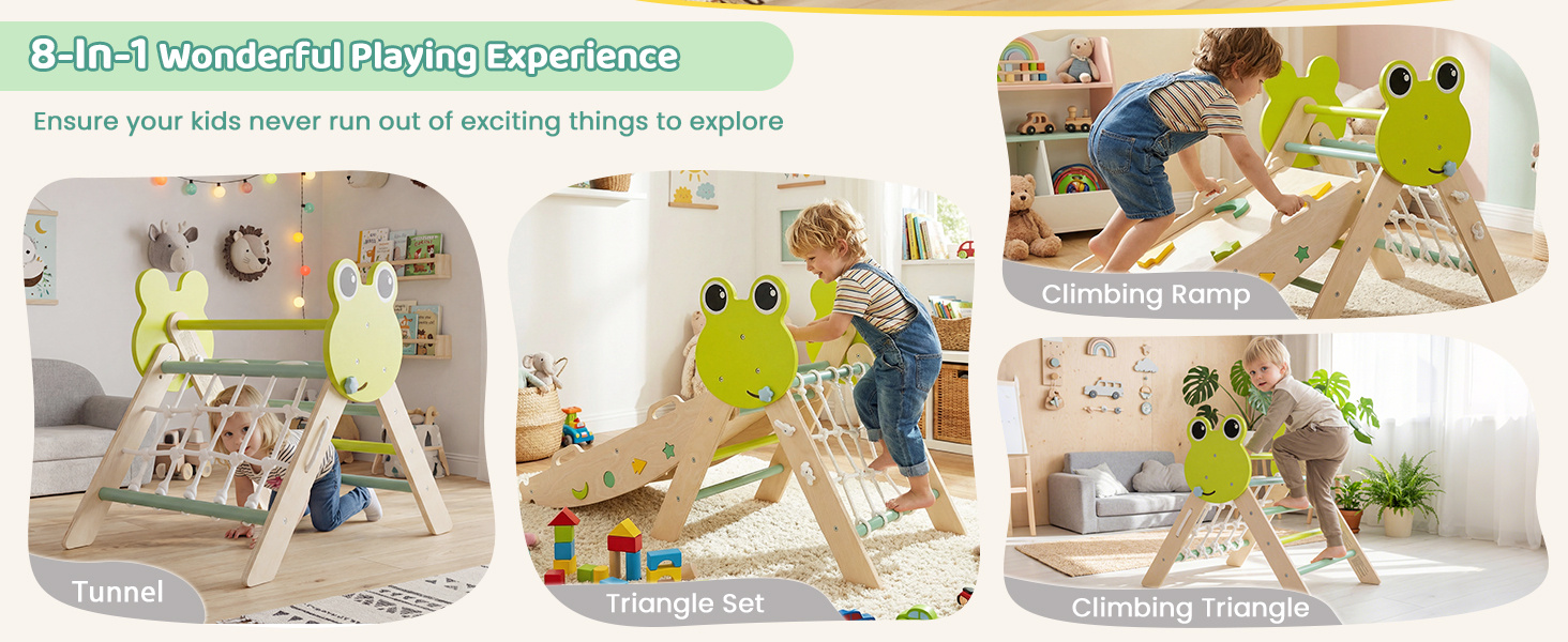 8-in-1 Toddler Wooden Triangle Set with Arch Climber and Foldable Rope Triangle