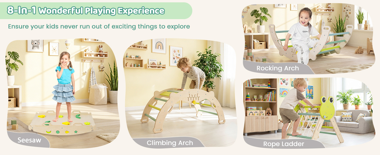 8-in-1 Toddler Wooden Triangle Set with Arch Climber and Foldable Rope Triangle