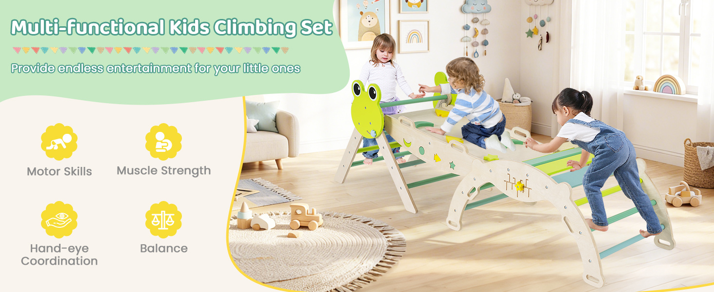 7-in-1 Triangle Set for Kids Frog Climbing Frame with Ramp and Foldable Triangle