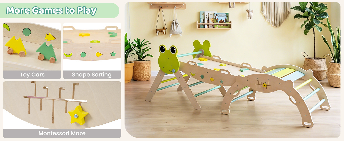 7-in-1 Triangle Set for Kids Frog Climbing Frame with Ramp and Foldable Triangle