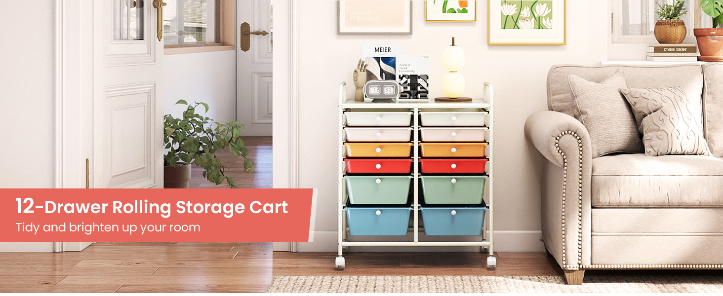 12 Drawers Rolling Storage Cart with 4 Wheels and Brakes