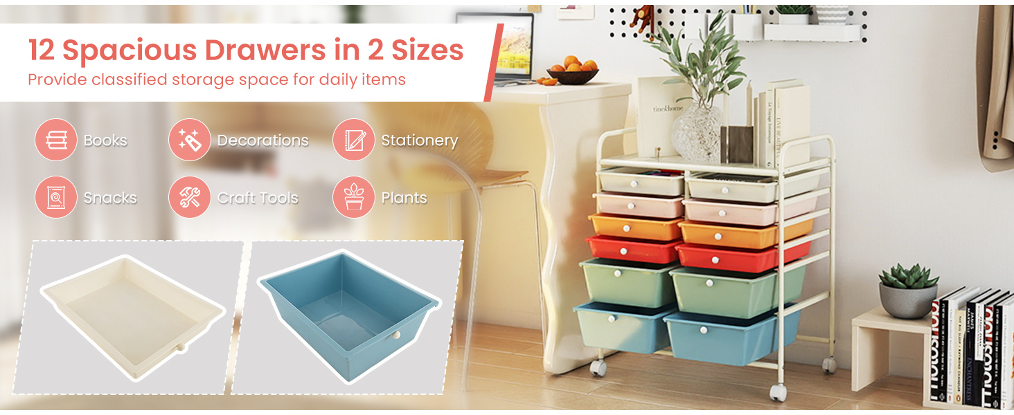 12 Drawers Rolling Storage Cart with 4 Wheels and Brakes