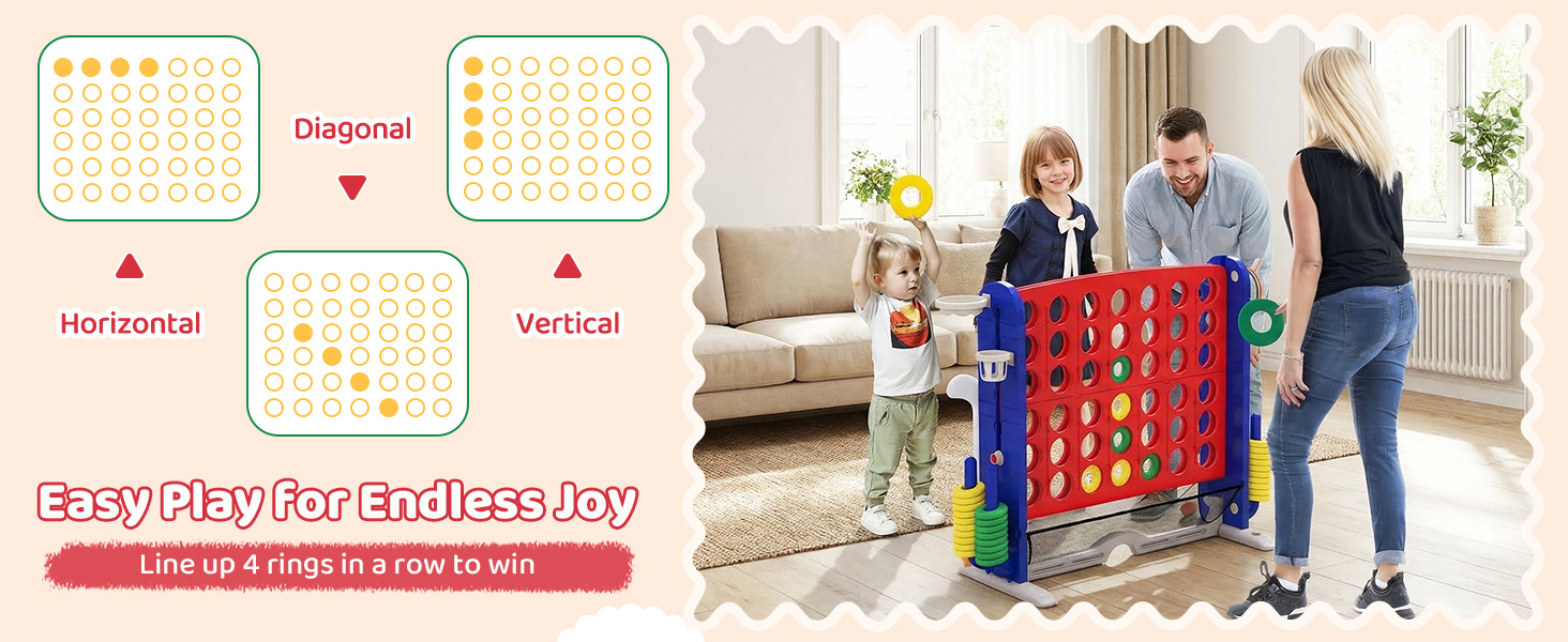 Jumbo 4-to-score game featuring adjustable heights, ring toss, and basketball hoop for endless fun and easy play.