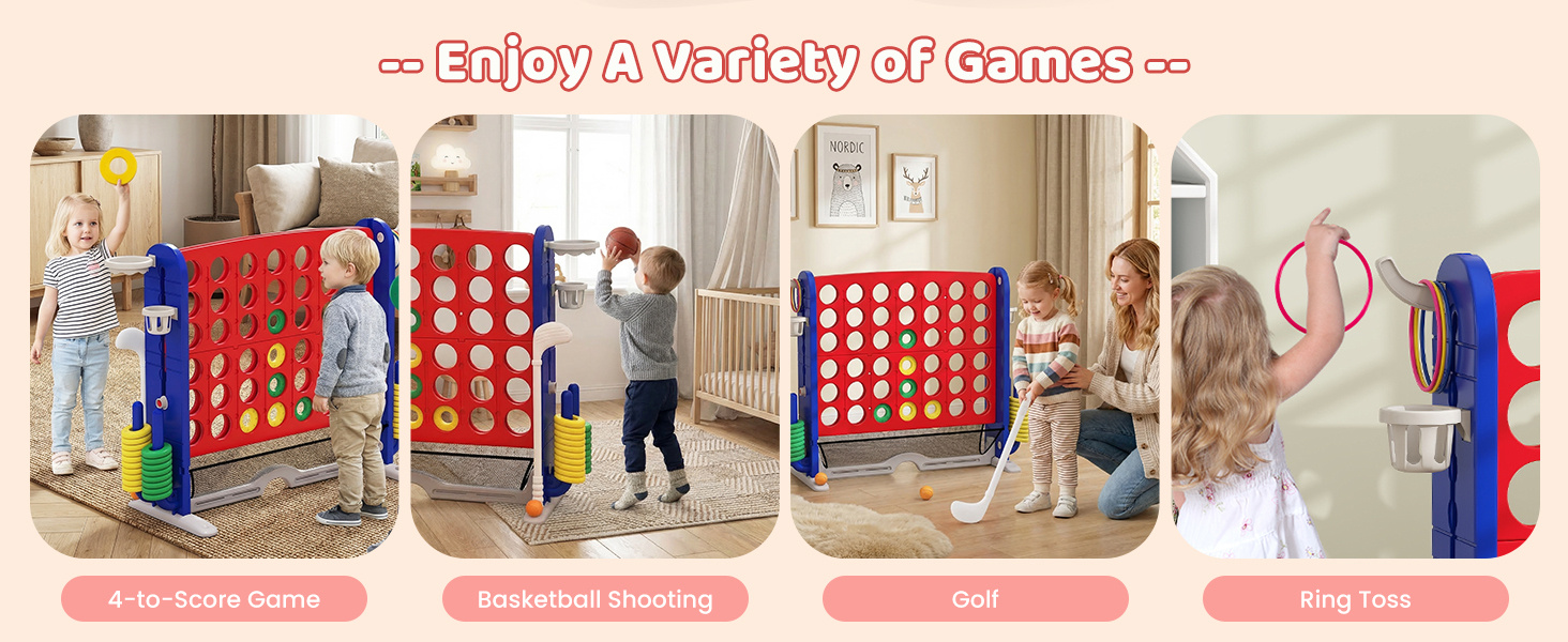 Jumbo 4-to-score game featuring basketball hoop, ring toss, and adjustable heights for versatile play and storage.