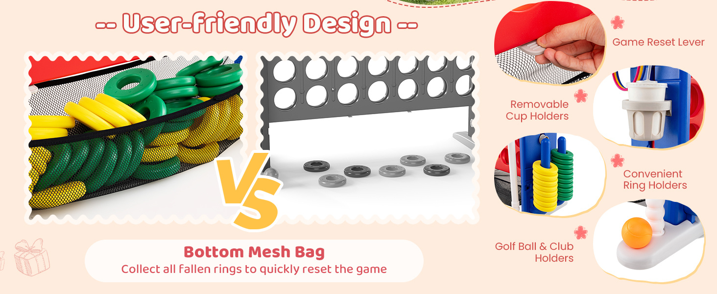 Jumbo 4-to-Score game featuring a bottom mesh bag for collecting rings, with adjustable heights and removable cup.