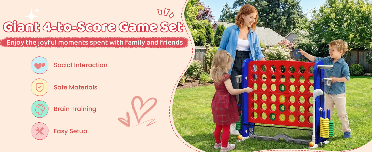 Jumbo 4-to-Score game set featuring ring toss and basketball hoop, designed for easy play and adjustable heights.