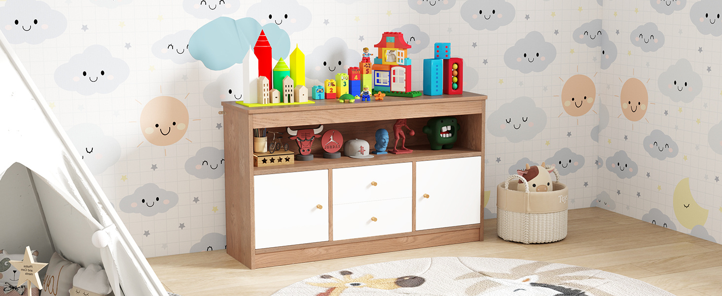 Wooden Kids Toy Children Bookshelf Storage Chest with Open Shelf