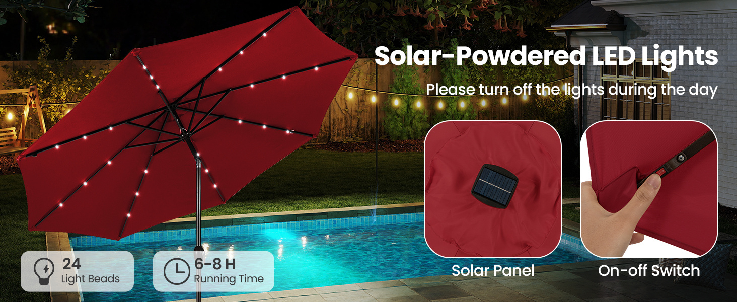 3m Solar Powered LED Lighted Patio Umbrella with Tilt and Crank