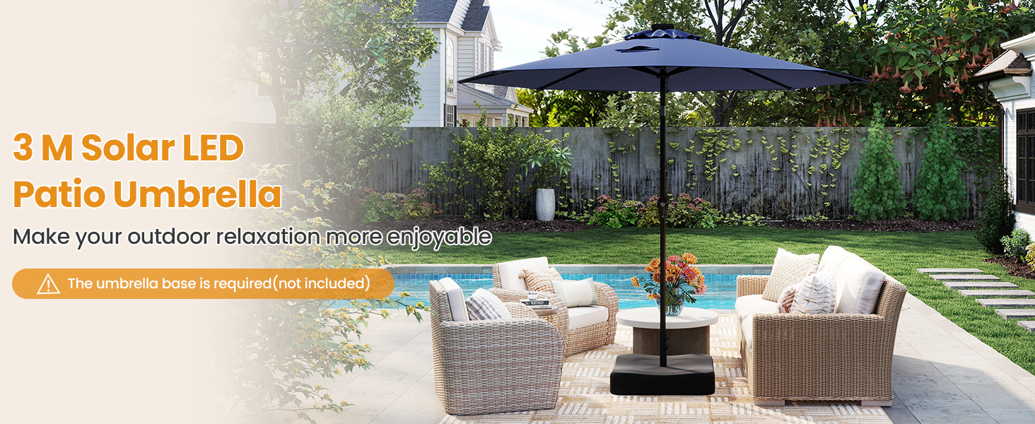 3m Solar Powered LED Lighted Patio Umbrella with Tilt and Crank