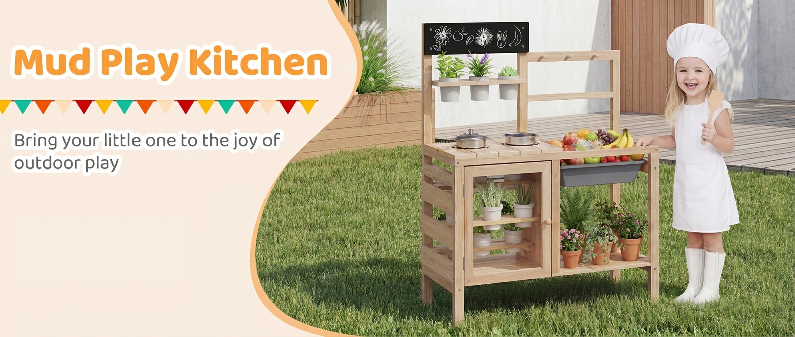 Patio Wooden Pretend Play Kitchen with Plants Observation Room for Kids Outdoor